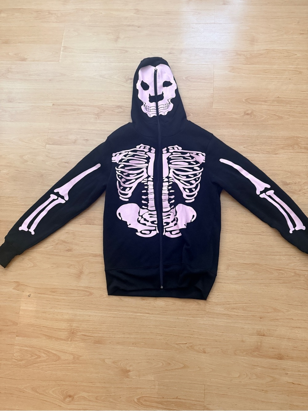 Black Hoodie Jacket with Pink Skeleton Graphic